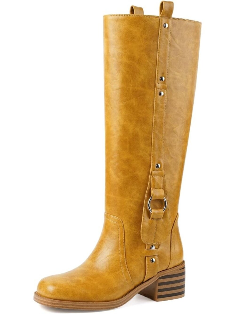👢Women's Yellow Knee High Boots Square Toe Chunky Block Heel Slouch Free Boots